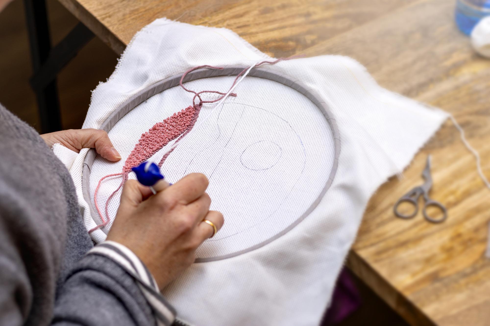 close up of hand embroidery with threads and hoop